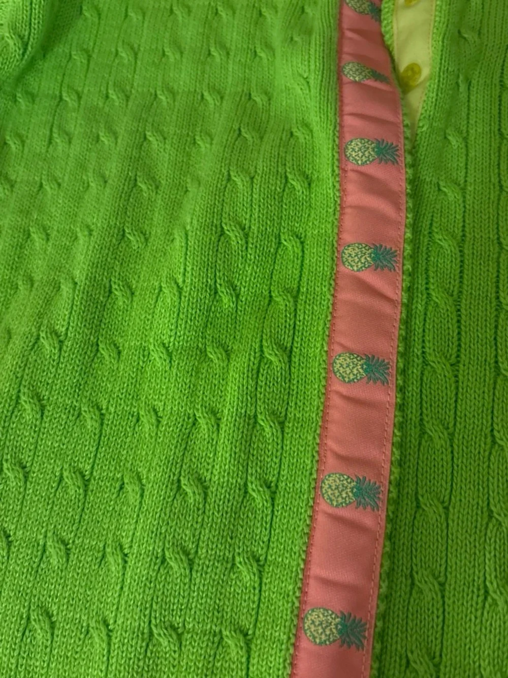 Girls Lime Green Cable-Knit Cardigan with Pink Trim